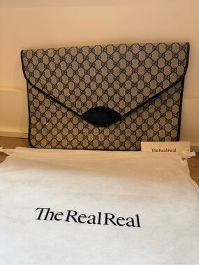 Gucci Navy and Beige GG Monogram Leather envelope clutch